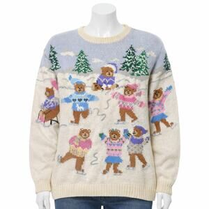 Design Options Ice Skating Teddy Bears Knit Sweater Medium M